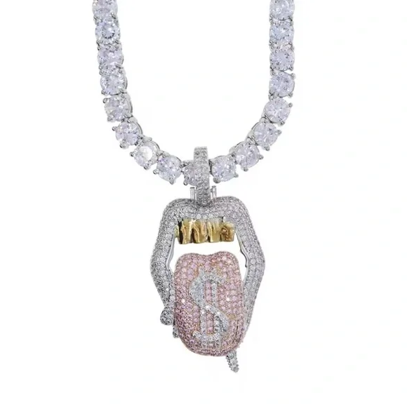 Silver and Gold tongue, gold teeth Pendant Necklace 16 inch - Picture 5 of 5